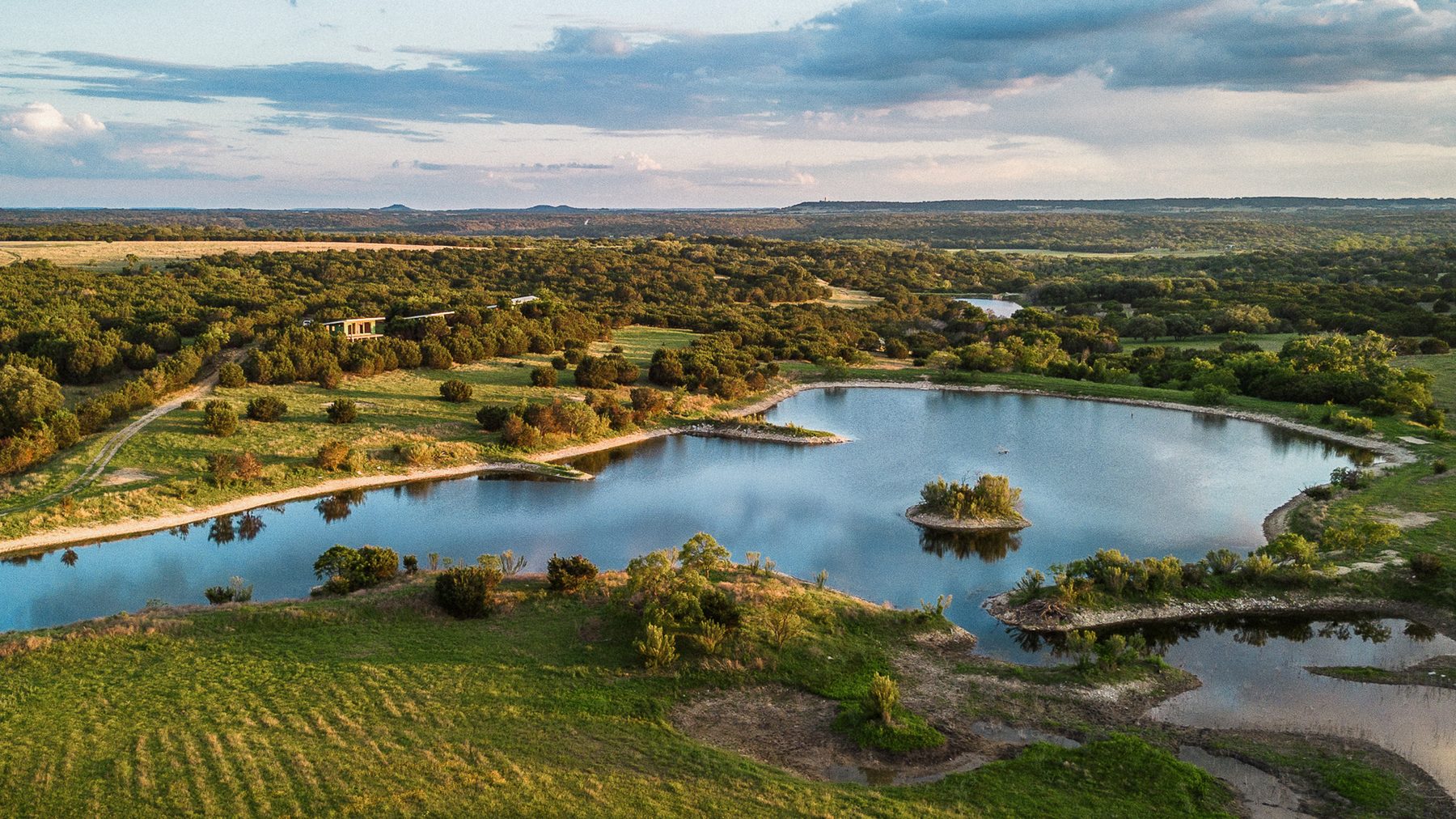 Aerial view of the ranch at dusk