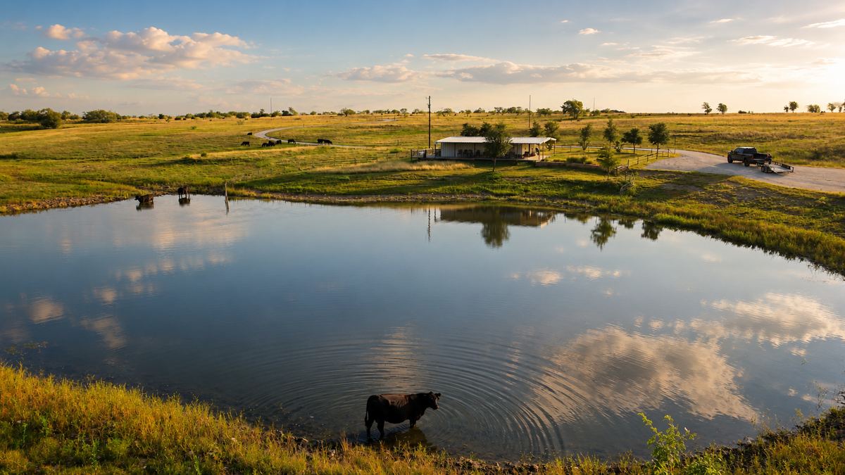 Cattle at the pond, golden hour